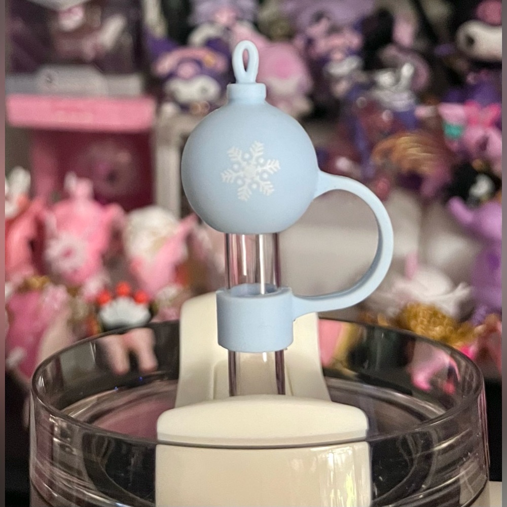 Blue Winter Holiday Ornament Straw Topper for Stanley Tumbler